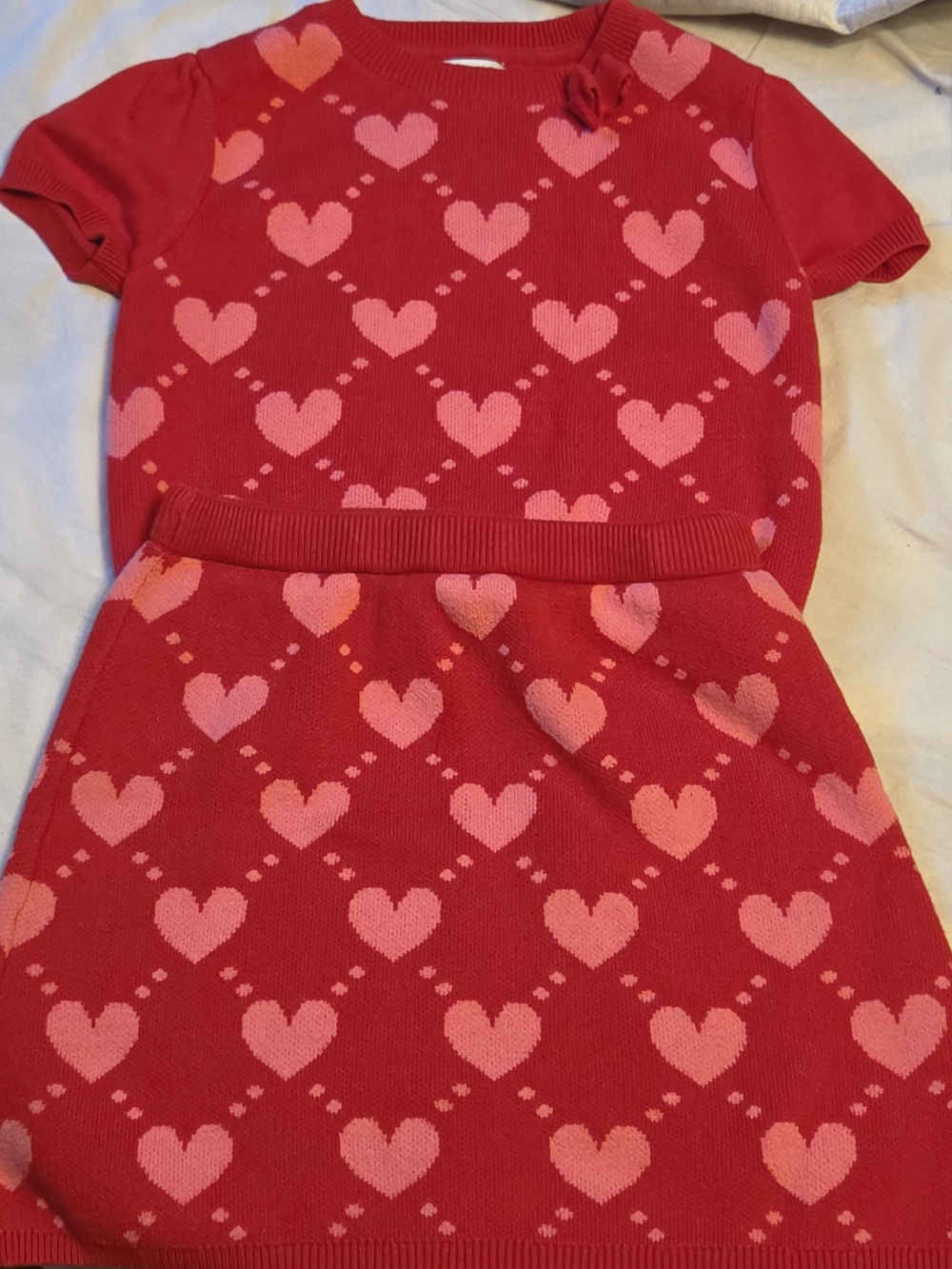 Girls Red & Pink Heart Knit Skirt Set